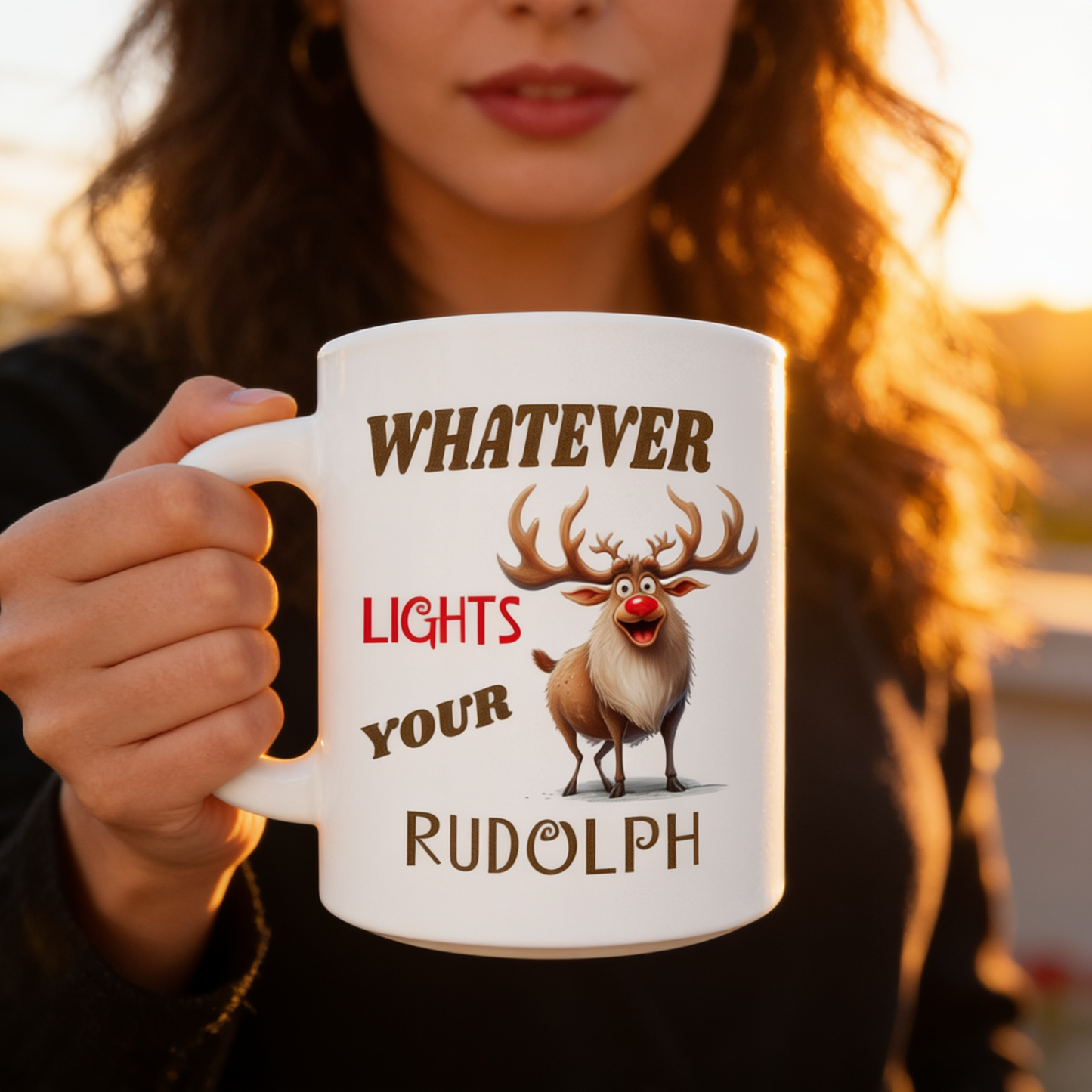 lifestyle scene ~ Whatever Lights your Rudolph Mug