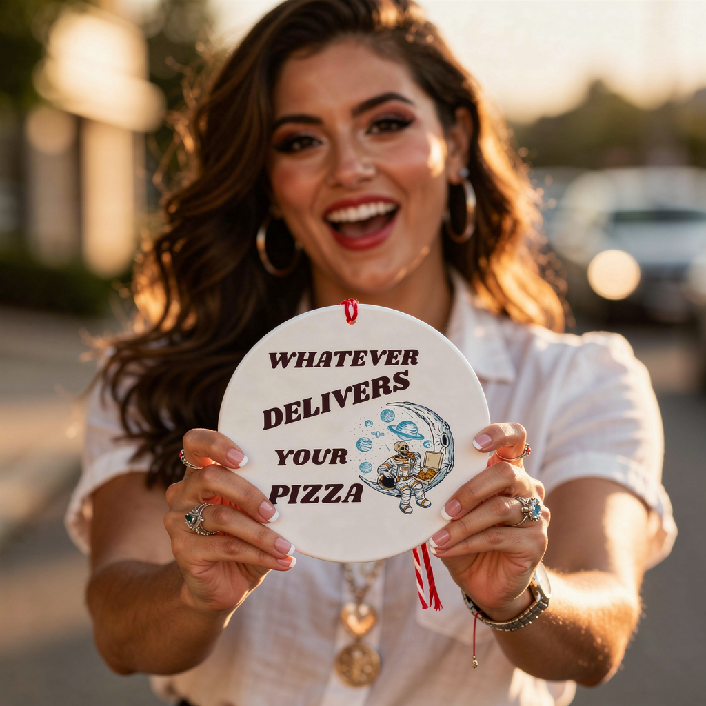 lifestyle scene ~ Whatever Delivers your Pizza Ornament