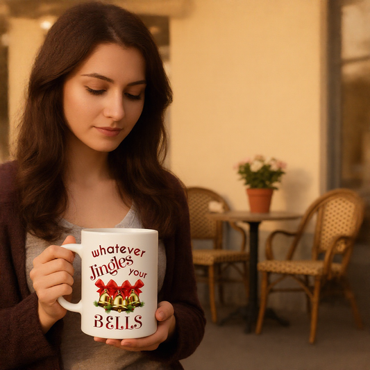 lifestyle scene ~ Whatever Jingles your Bells ~ Red Mug ~ Fun & Sassy Gifts